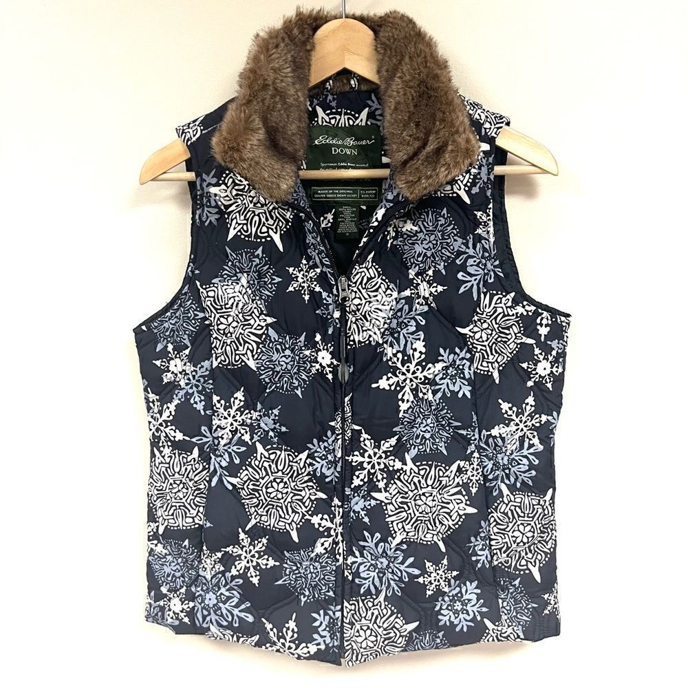 Eddie Bauer snowflake down vest with fur collar S